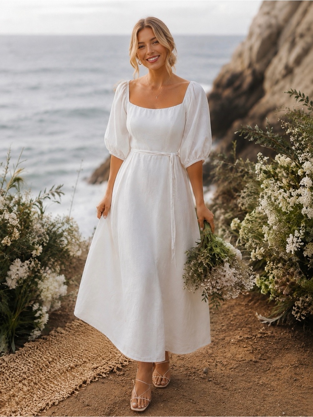 Premier Amour Linen Milkmaid Square-Neck White Dress